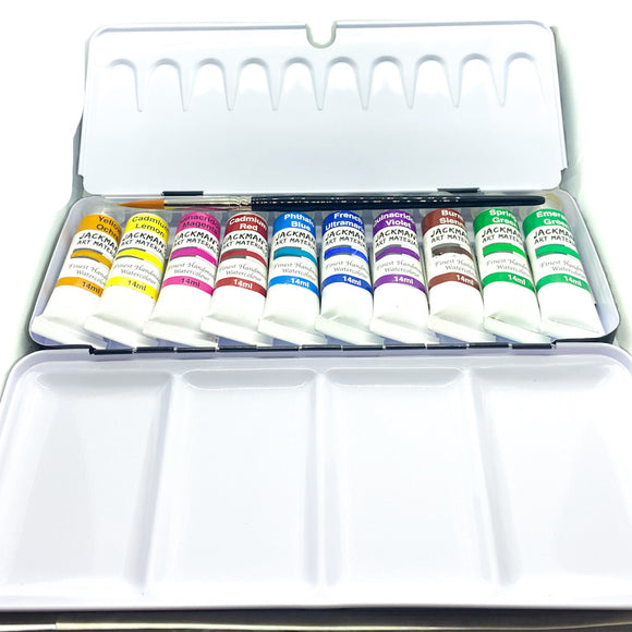 10 Professional Handmade Watercolour 14ml Tubes In Artist Tin With Size 8 Synthetic Round Brush Watercolour - Jackman's Art Materials
